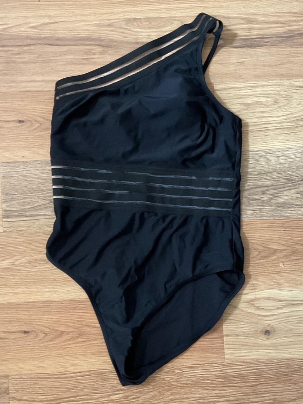 Women’s One-Shoulder Black Swimsuit with Sheer Stripe Detail